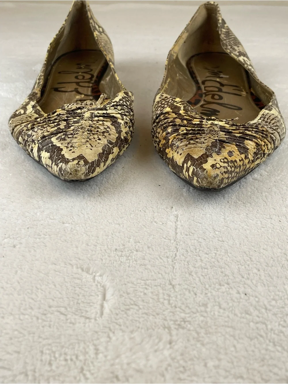 Balmain Pointed Toe Snake-Print Flats — Cream & Brown